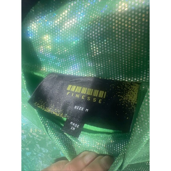 Finesse Holographic Green Foil Metallic Cropped Mock Neck Top Y2K Mermaid M - Picture 4 of 6